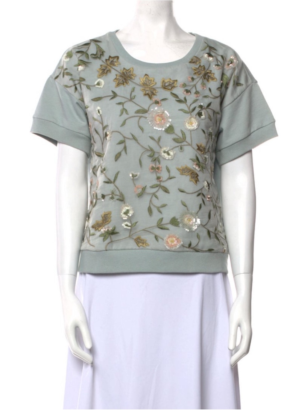 Alice + Olivia Embroidered Sequins Floral Short-Sleeve Top - Light Blue